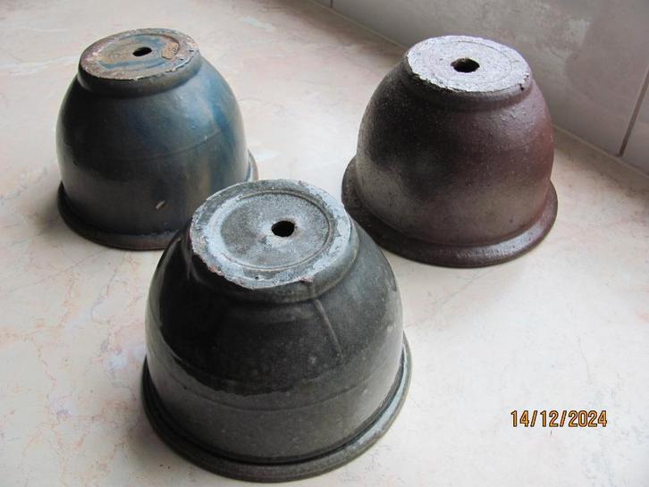 3x groen/blauw/bruin RONDE schaal BONSAI rond keramiek IZGS, Tuin en Terras, Bloempotten, Zo goed als nieuw, Aardewerk, Binnen