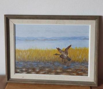 Schilderij wegvliegende eend gesigneerd BH beschikbaar voor biedingen