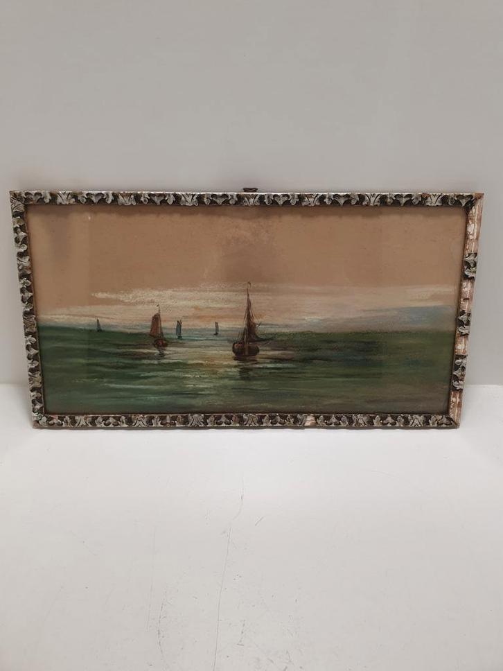 Zeilboten op zee bij zonsondergang, pastel, Antiek en Kunst, Kunst | Schilderijen | Klassiek, Ophalen of Verzenden