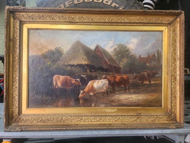 Oud Schilderij met Koeien en Boerderij, Antiek en Kunst, Kunst | Schilderijen | Klassiek, Ophalen of Verzenden