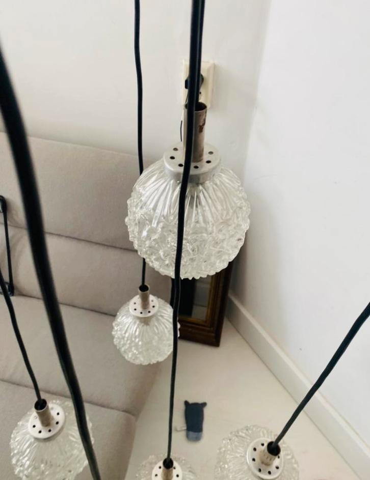 Prachtige Jaren 70 Cascade Lamp met 5 Bollampen, Huis en Inrichting, Lampen | Hanglampen, Zo goed als nieuw, Glas, Ophalen of Verzenden