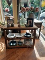 Robuuste teakhhouten sidetable kruis 2 plateaus, Huis en Inrichting, Tafels | Sidetables, Ophalen, 100 tot 150 cm, Robuust sober landelijk