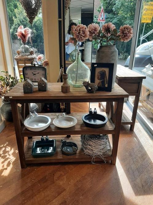 Robuuste teakhhouten sidetable kruis 2 plateaus, Huis en Inrichting, Tafels | Sidetables, Zo goed als nieuw, 25 tot 50 cm, 100 tot 150 cm