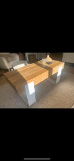 Salontafel van eiken balken en wit metalen onderstel., Ophalen, 50 tot 100 cm, Zo goed als nieuw, Metaal