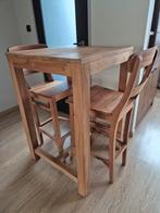 Handgemaakte Teak bartafel (70x70x 105) met 2 krukken, Ophalen, Gebruikt, Inclusief barstoelen