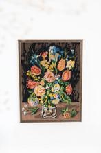 Vintage geborduurd schilderij - bloemen stilleven, Antiek en Kunst, Ophalen of Verzenden