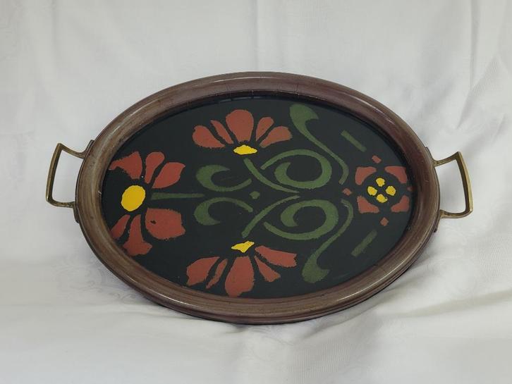 Dienblaadje met achter glas schildering Art Nouveau, Huis en Inrichting, Woonaccessoires | Dienbladen, Gebruikt, Overige materialen