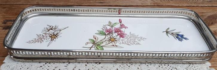 Vintage tegelplateautje met bloemetjes en Edelweis, Antiek en Kunst, Curiosa en Brocante, Ophalen of Verzenden