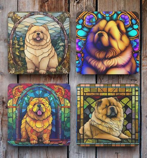 Chow Chow Glas in Lood onderzetters met houder, Huis en Inrichting, Woonaccessoires | Onderzetters, Nieuw, Glas of Kopje, Ophalen of Verzenden