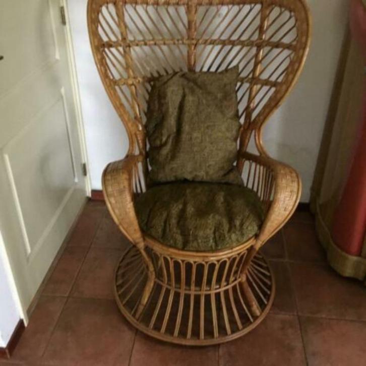 Gio Ponti-stijl rotan fauteuil   [pauwenstoel], Huis en Inrichting, Stoelen, Gebruikt, Eén, Riet of Rotan, Bruin, Ophalen