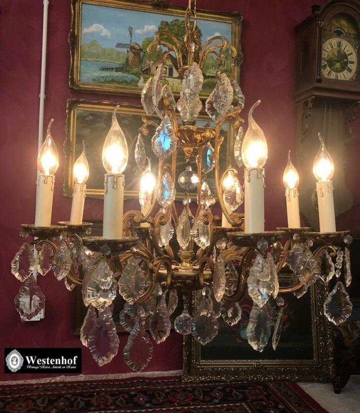 Groot kristallen Franse kroonluchter brocant, Huis en Inrichting, Lampen | Kroonluchters, Gebruikt, Overige materialen, Ophalen of Verzenden