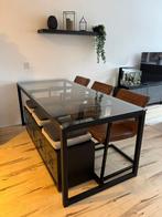 Eettafel zware stalen frame 190x85cm met stoelen en bank, Huis en Inrichting, Tafels | Eettafels, Ophalen, Gebruikt, Industriee, zwart, staal, glas, metaal, mat, eettafel, stoer