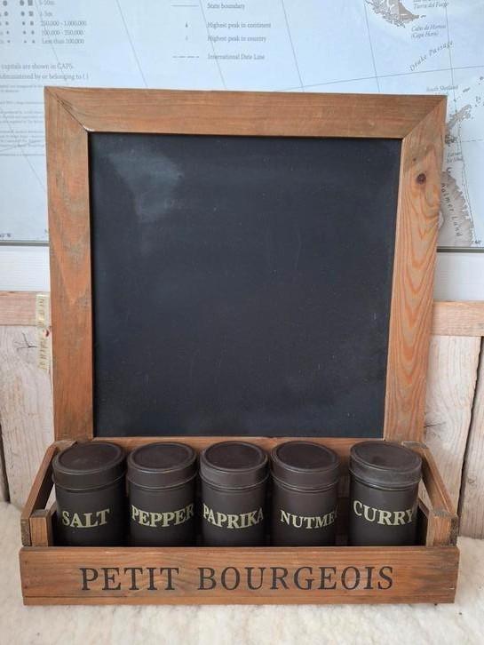 Kruidenrek met schoolbord/hout/kruidenpotjes/blikjes, Huis en Inrichting, Keuken | Keukenbenodigdheden, Zo goed als nieuw, Ophalen of Verzenden
