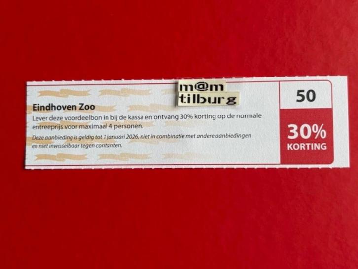 Bon 50 Eindhoven Zoo 30% korting voor max. 4 pers., Tickets en Kaartjes, Recreatie | Dierentuinen, Drie personen of meer, Kortingskaart