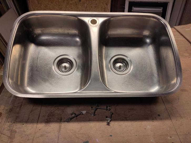 RVS Dubbele Wasbak - Keuken, Huis en Inrichting, Keuken | Keukenelementen, Gebruikt, Minder dan 100 cm, 50 tot 100 cm, 25 tot 50 cm
