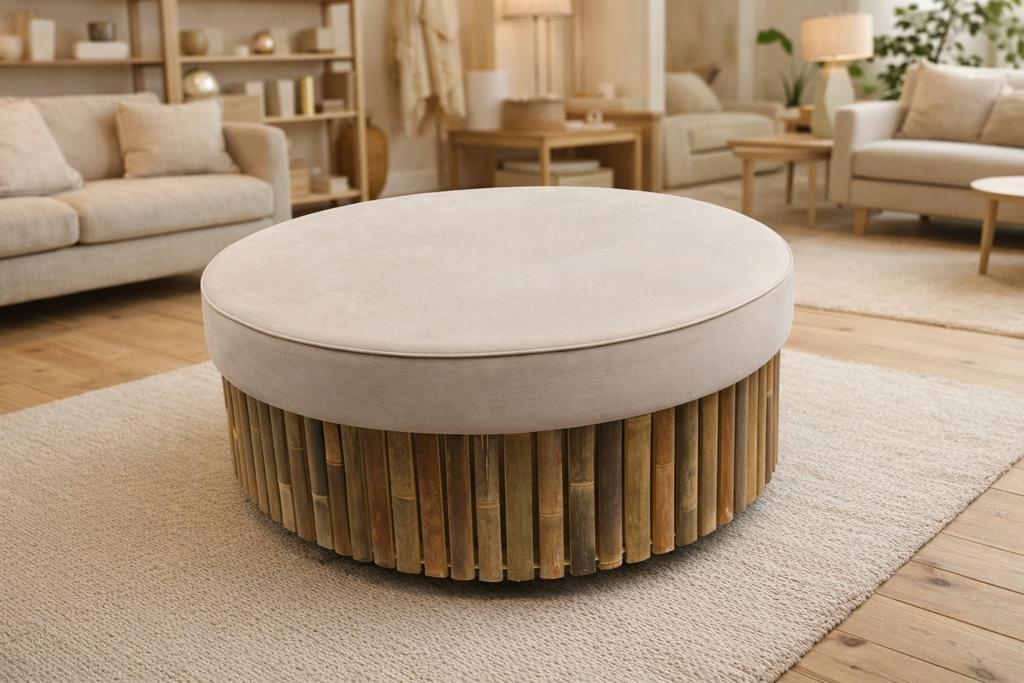 Handgemaakte Bamboe Poef - Uniek Design, Ophalen of Verzenden, Zo goed als nieuw, Rond