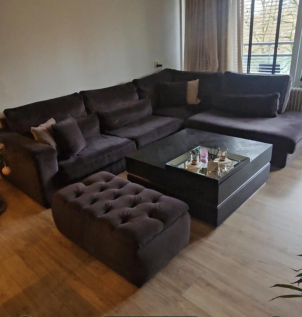 Hoekbank velvet eric kuster met bijpassende opberg poef, Huis en Inrichting, Banken | Complete zithoeken, Stof, Ophalen
