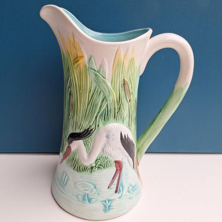 Prachtige majolica aardewerk waterkan, ooievaar, Antiek en Kunst, Antiek | Servies los, Ophalen of Verzenden