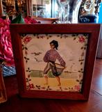 ANTIEKE GESIGNEERDE SPAANSE TEGEL IN EIKEN LIJST., Antiek en Kunst, Antiek | Wandborden en Tegels, Ophalen of Verzenden