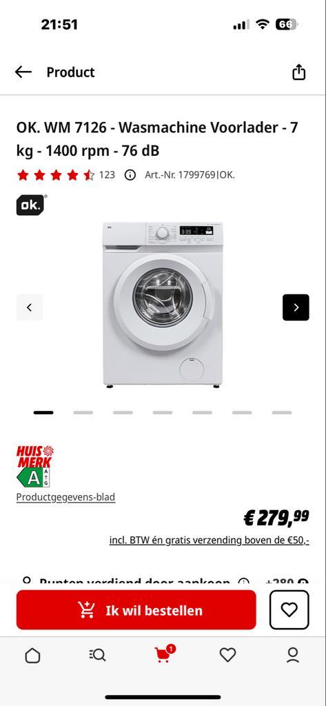 OK. WM 7126 Wasmachine - Nieuw met fabrieksgarantie!, Witgoed en Apparatuur, Wasmachines, Nieuw, Voorlader, 6 tot 8 kg, 85 tot 90 cm