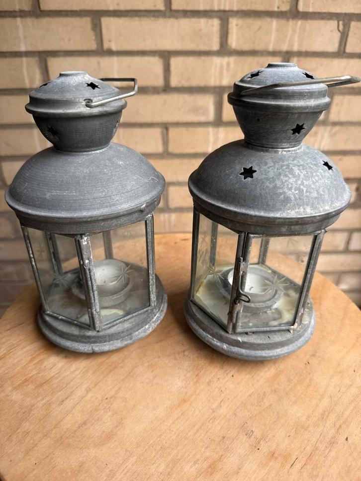 2 Zinken Windlichtjes met Sterren, Huis en Inrichting, Woonaccessoires | Kandelaars en Kaarsen, Gebruikt, Kandelaar, Minder dan 25 cm