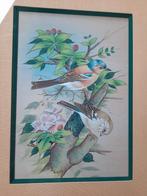 Franse brocante schilderij vogels op doek Linnen kader lijst, Ophalen of Verzenden
