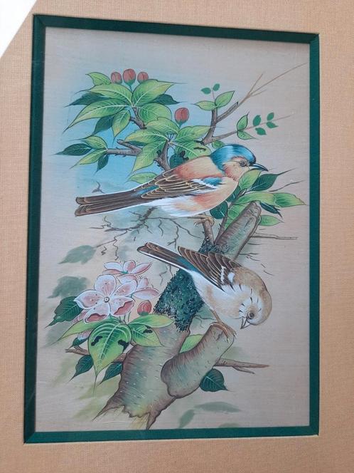 Franse brocante schilderij vogels op doek Linnen kader lijst, Antiek en Kunst, Curiosa en Brocante, Ophalen of Verzenden
