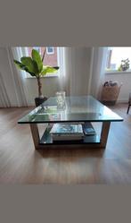 Glazen tafel met geborsteld RVS onderstel, Huis en Inrichting, Ophalen, 100 tot 150 cm, 50 tot 100 cm, Zo goed als nieuw