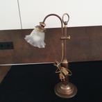 Antiek - Tafellamp - Bureaulamp - Messing - Hout –Bloemglas, Ophalen of Verzenden