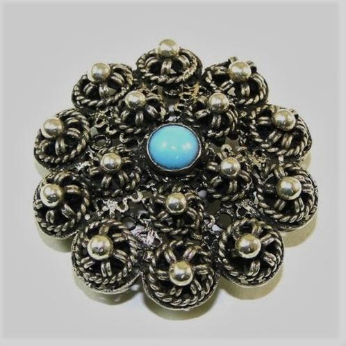 Broche / hanger met turkoois en bolletjes (6680-2182), Sieraden, Tassen en Uiterlijk, Broches, Zo goed als nieuw, Zilver, Ophalen