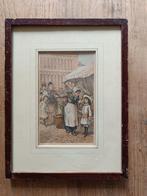 Antieke prent vrouw en kind op de markt, Ophalen of Verzenden, Voor 1940, Gebruikt, Prent