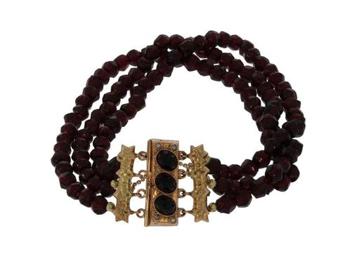 3-strengs antieke granaten dames armband 14k gouden slot, Sieraden, Tassen en Uiterlijk, Antieke sieraden, Armband, Goud, Met edelsteen