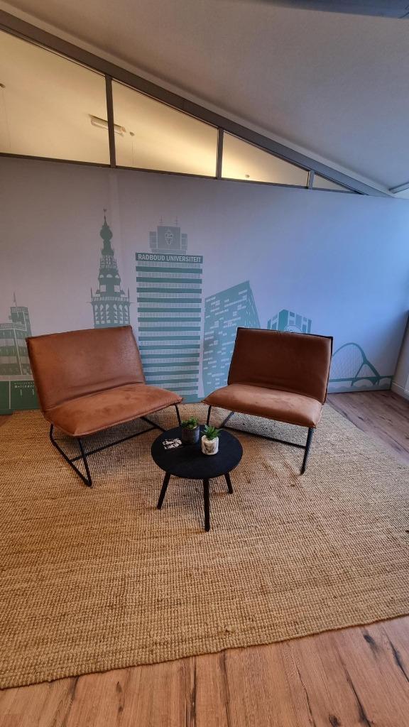 Mooie brede bruine stoel (2x), Huis en Inrichting, Stoelen, Zo goed als nieuw, Twee, Metaal, Stof, Bruin, Ophalen