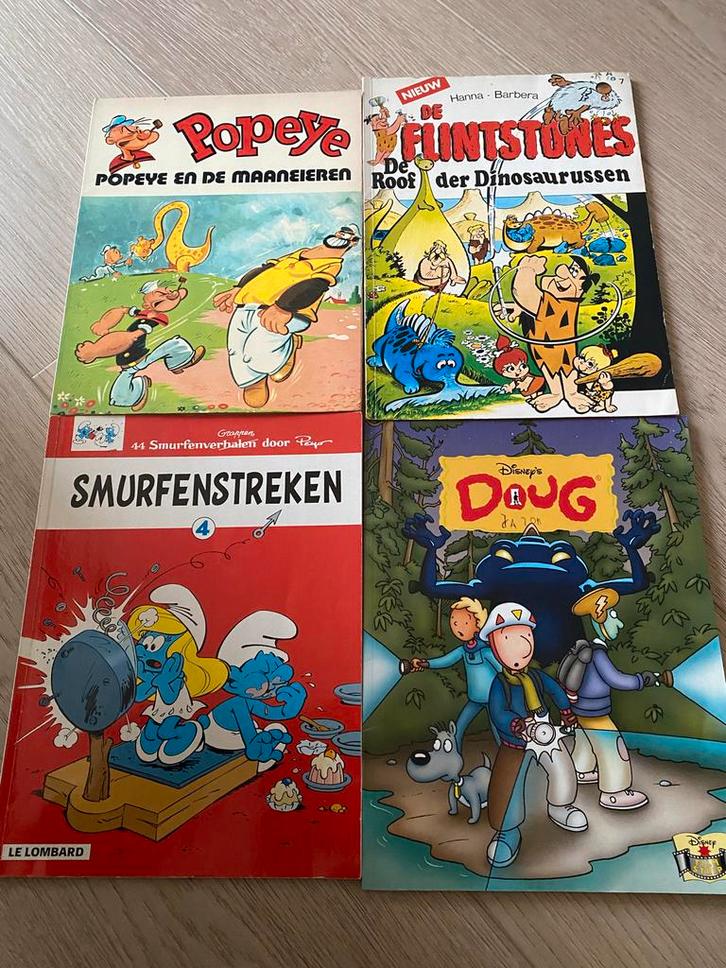 4 Stripboeken: Popeye, Flintstones, Smurfen, Doug, Boeken, Stripboeken, Gelezen, Meerdere stripboeken, Ophalen of Verzenden