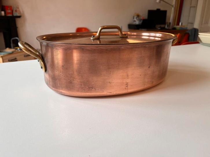 Ovale koperen braadpan met deksel, Huis en Inrichting, Keuken | Potten en Pannen, Gebruikt, Koekenpan of Braadpan, Overige materialen