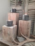 Drie robuuste kandelaars kandelaar oud hout stoer sober, Ophalen, Gebruikt, Hout, 25 tot 50 cm
