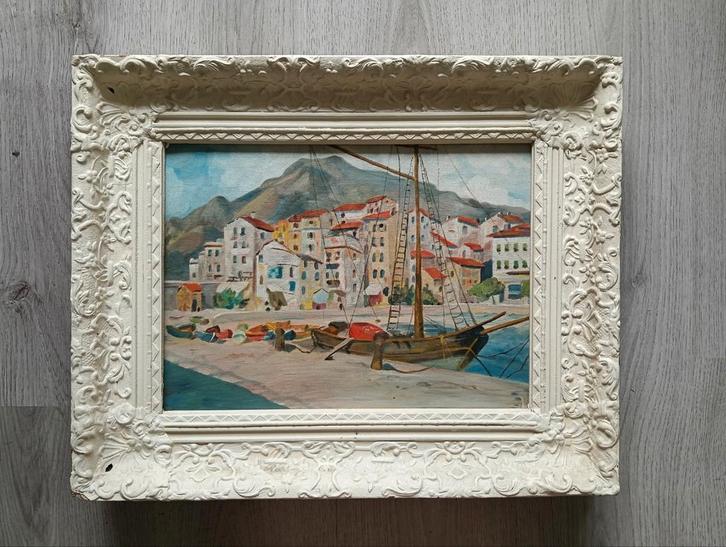 1940 - Mediterraan Havenstadje met rustende bootjes, Antiek en Kunst, Kunst | Schilderijen | Klassiek, Ophalen of Verzenden