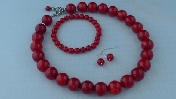 KORAAL (16 mm) ketting/oorhanger/armband-set, Sieraden, Tassen en Uiterlijk, Kettingen, Nieuw, Steen of Mineraal, Rood, Met edelsteen