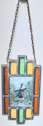 Antiek glas in lood raam hanger met molentje., Ophalen of Verzenden, Gebruikt