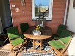 Complete tuinset van teak – uitschuifbare tafel + 4 stoelen, Tuin en Terras, Ophalen, Gebruikt, 6 zitplaatsen, Teakhout