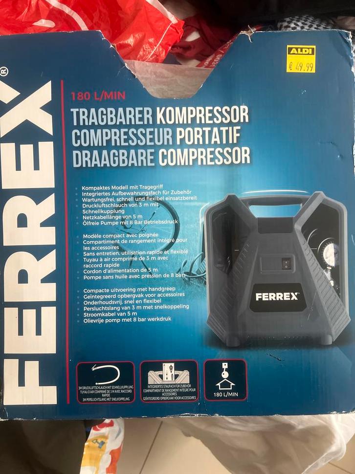 Ferrex Draagbare Compressor - Nieuwstaat!, Doe-het-zelf en Verbouw, Compressors, Zo goed als nieuw, 6 tot 10 bar, Minder dan 25 liter