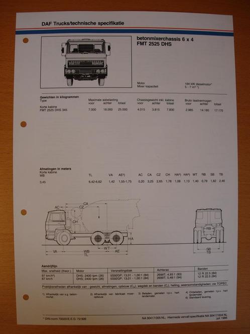 DAF FMT 2500 DHS Technische Specificatie Folder 1986 – 6x4, Boeken, Auto's | Folders en Tijdschriften, Zo goed als nieuw, Overige merken