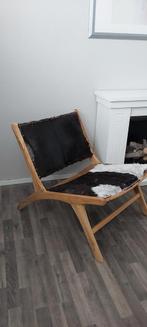 Stoel met echt koeienhuid donkerbruin wit, vaste prijs., Ophalen, Bruin, Hout, Zo goed als nieuw