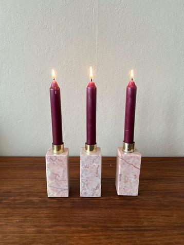 Set van 3 vintage kaarsenhouders roze marmer messing retro beschikbaar voor biedingen