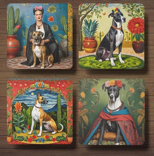 Duitse Dog Frida Kahlo onderzetters met houder, Huis en Inrichting, Woonaccessoires | Onderzetters, Nieuw, Glas of Kopje, Ophalen of Verzenden