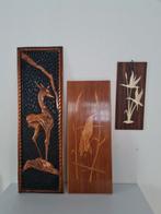 3 Retro Wandbord wandhanger wandtegels teakhout koper vogel, Ophalen of Verzenden, Gebruikt