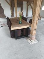 Beuken boomstamtafel met stoelen, Huis en Inrichting, Stoelen, Ophalen, Gebruikt, Bruin, Metaal