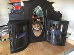Zwarte opzetkast, 2 vitrines, geslepen spiegel., Ophalen, Gebruikt, 50 tot 100 cm, Glas