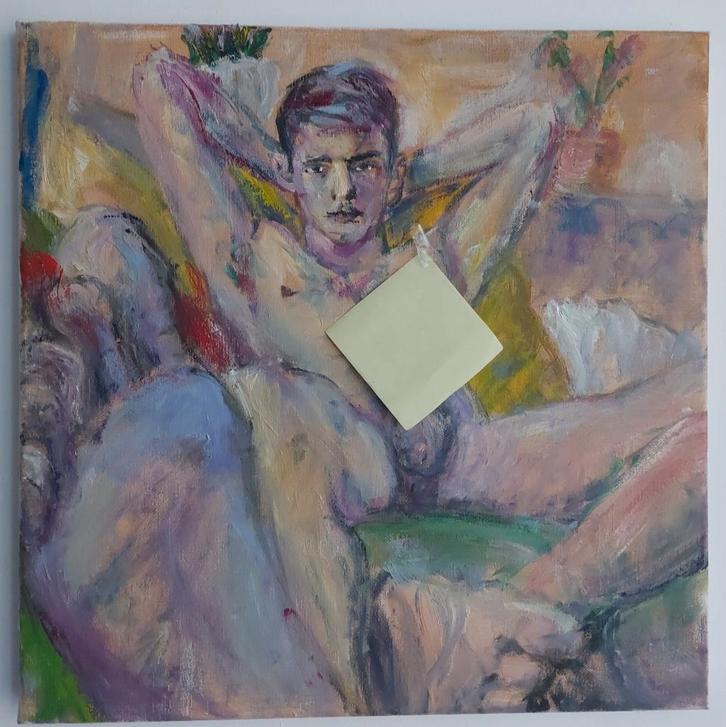 Mooi schilderij mannelijk naakt: I'm waiting for you, Antiek en Kunst, Kunst | Schilderijen | Modern, Ophalen of Verzenden