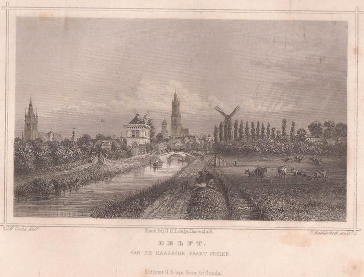 Delft van de Haagsche vaart gezien 1858 Staalgravure Terwen, Antiek en Kunst, Kunst | Etsen en Gravures, Ophalen of Verzenden